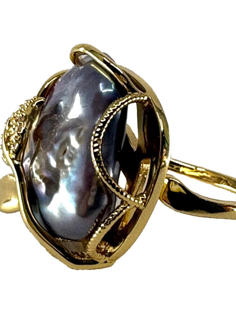 18K Gold Plated Purple Baroque Freshwater Pearl Ring Adjustable w Leaf 8.01g